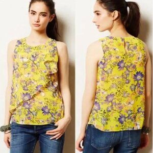 HD in Paris for Anthropologie Yellow Floral Sleeveless Blouse, Size 4